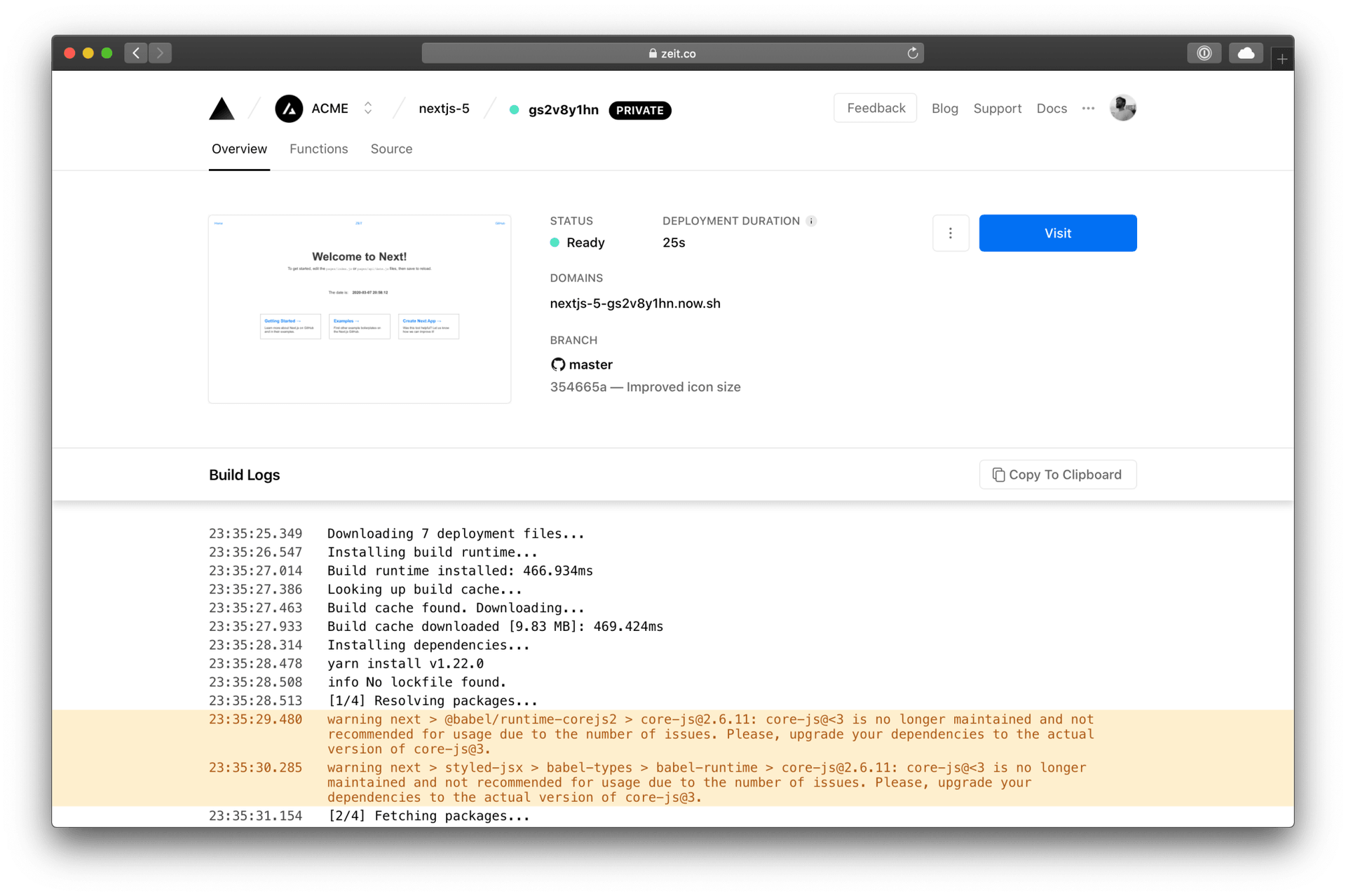 Inspecting the Build Logs of a Deployment.