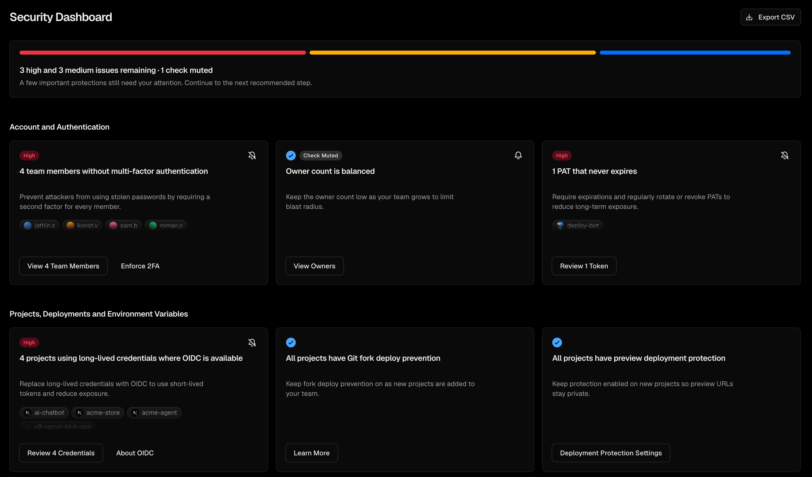 See all security misconfigurations, ordered by severity. Each issue links directly to the settings you can configure to resolve it.