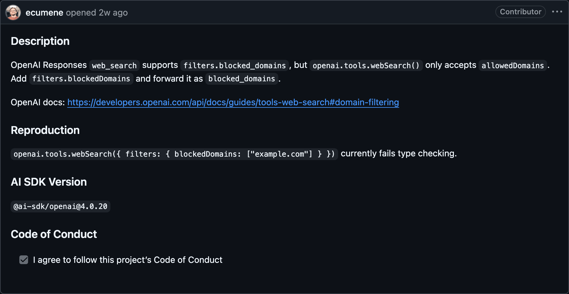 An AI SDK issue opened by the community